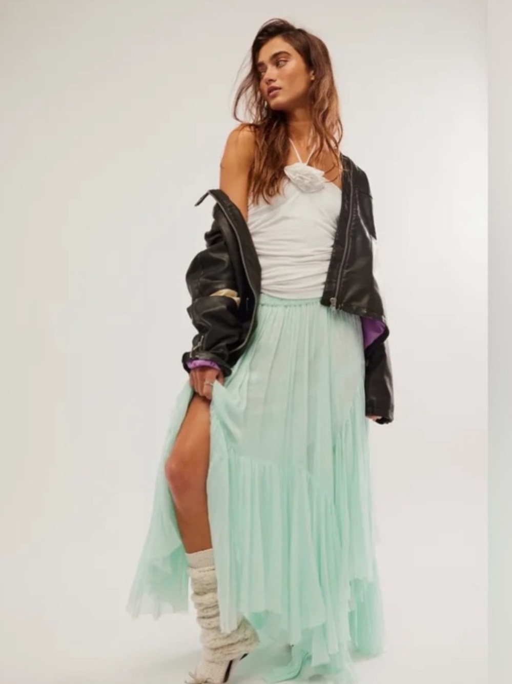 Free People Mint Green Tiered Chiffon Maxi Skirt